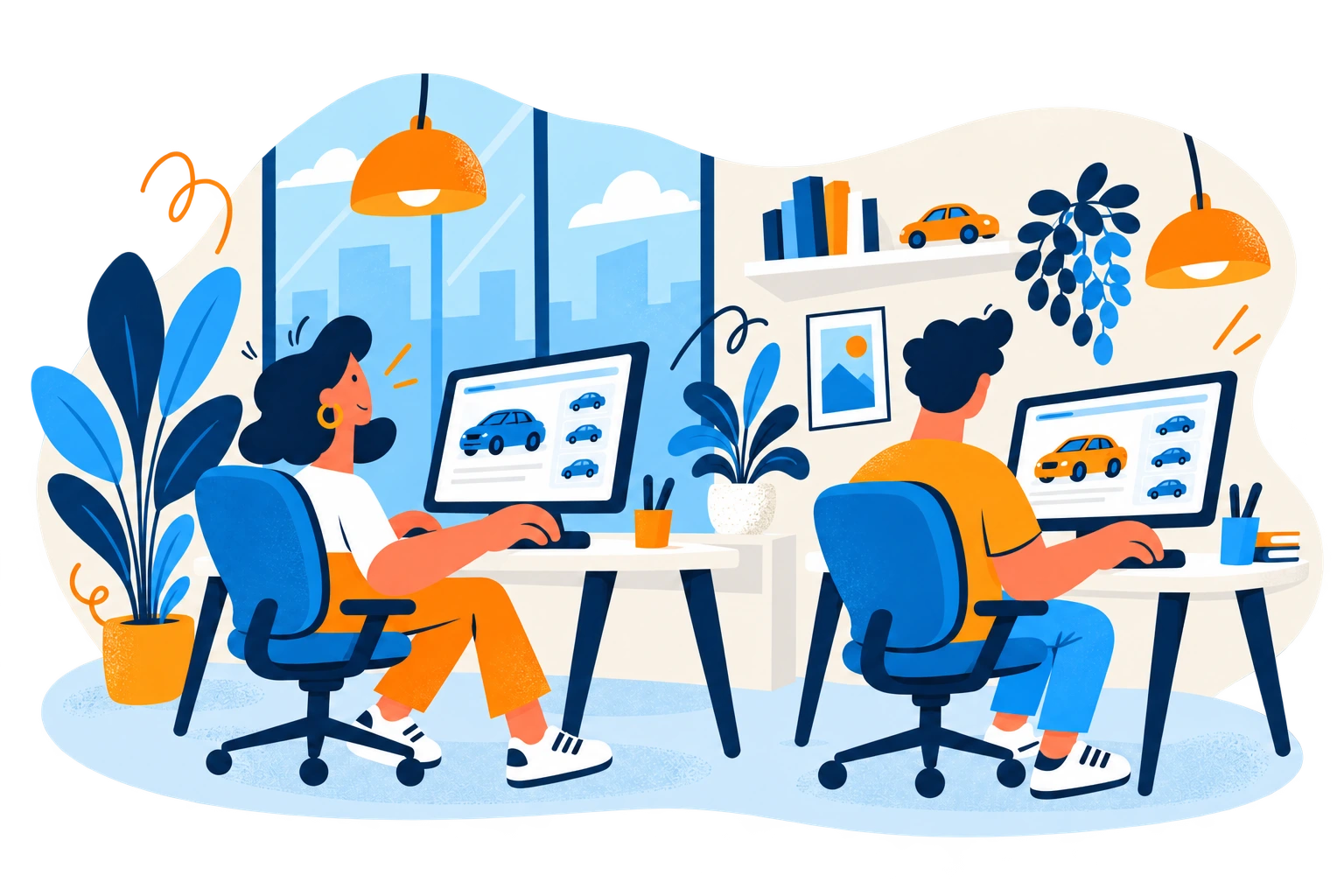 Illustrazione di due persone in ufficio che consultano annunci di auto al computer