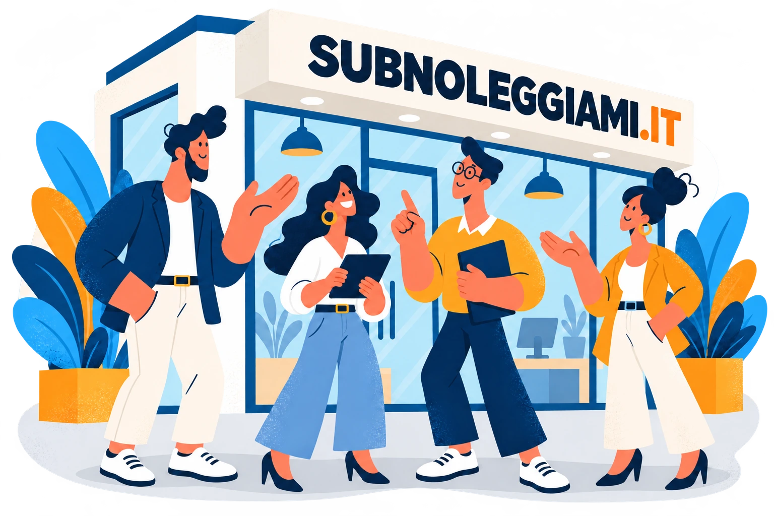 Illustrazione del team di Subnoleggiami davanti alla sede